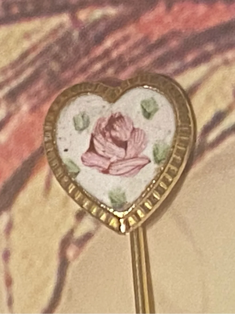 Vintage Porcelain Floral Stick Pin Set • Rose Heart & Forget-Me-Not Gold Tone